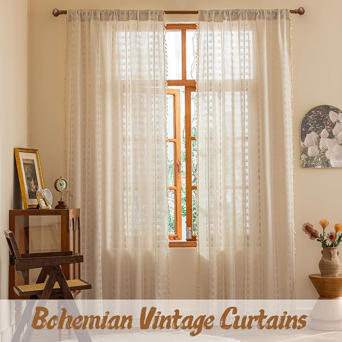 Natural Boho Sheer Curtains 72 inches long 2 Panels for Bedroom, Light filtering Semi Sheer Bohemian French Country Privacy Tassels Vintage Chic Embroidery Stripes Window Curtains Back Tab, 50" W