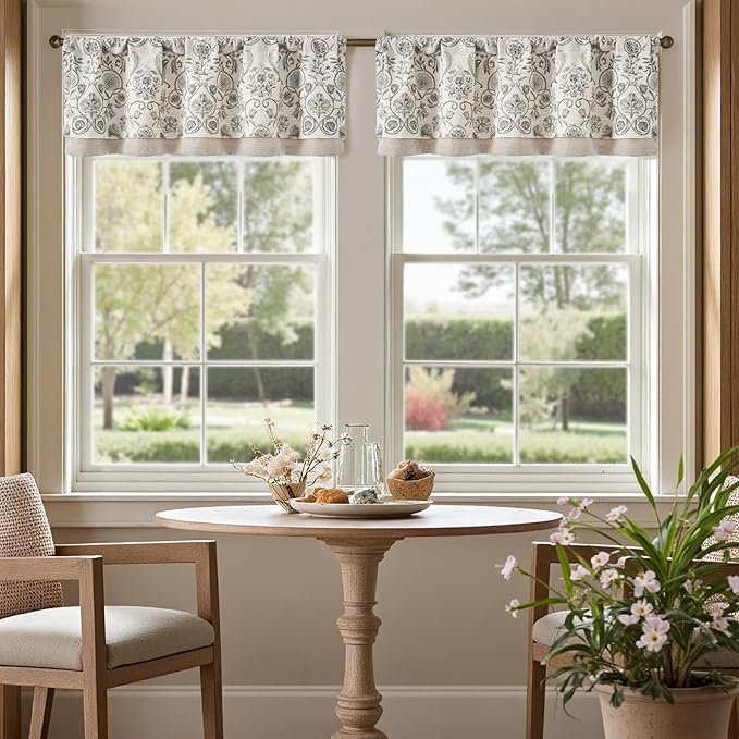 jinchan Linen Valance Kitchen Curtain Pack of 2 Double Layer 16 Inch for Living Room Bedroom Window Treatment Light Filtering Vintage Farmhouse Cottagecore Rod Pocket 2 Panels Grey on Beige