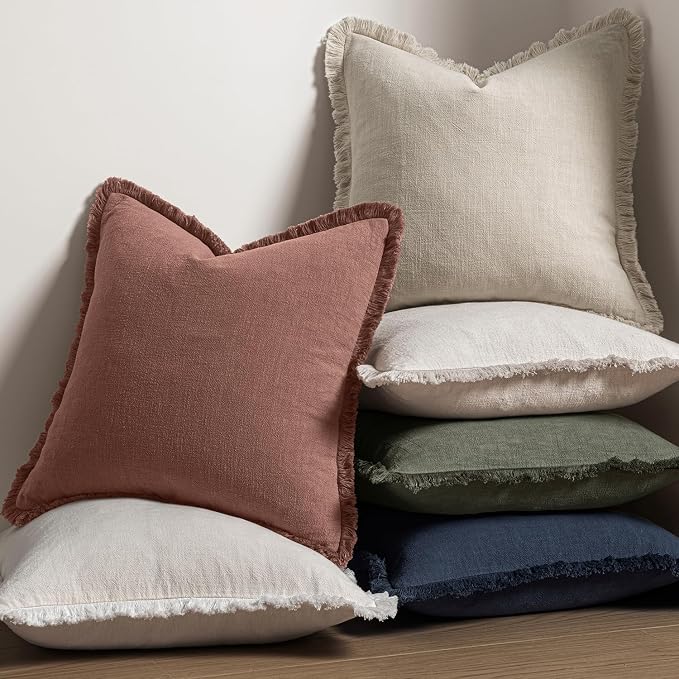 MIULEE Decorative Throw Pillow Covers Neutral Linen Fringe Throw Pillows Set of 2 Autumn Glaze Boho Farmhouse Cushion Covers with Tassels for Couch Sofa Bed Living Room Fall Decor 18x18 Inch