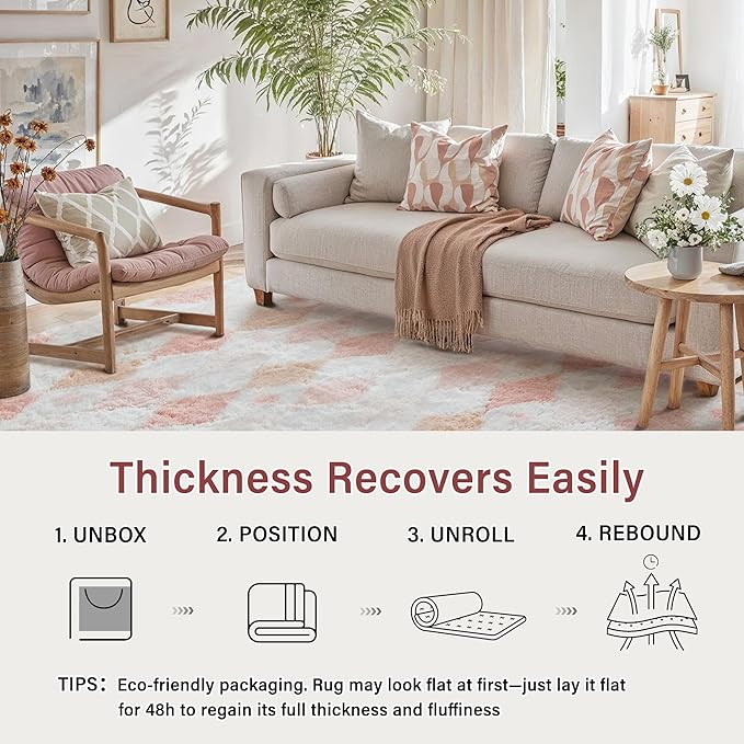 PureCozy Checkered Rug 8x10 Fluffy Shag Living Room Pink Area Rug Modern Washable Carpet Soft Shaggy Non Slip Indoor Plush Fuzzy Rugs for Bedroom Dorm Office Home Aesthetic Decor
