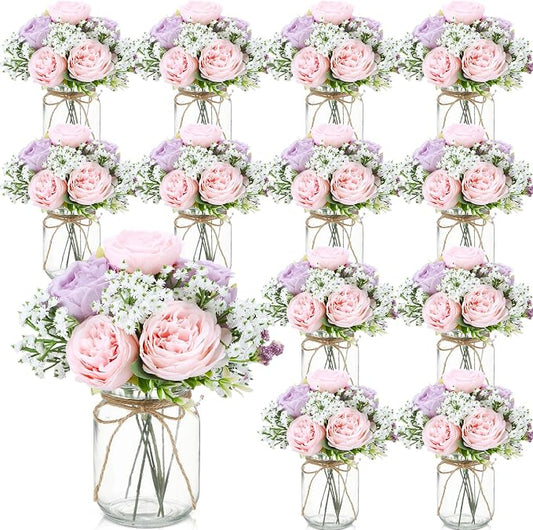 Zeyune 12 Sets Mason Jar Centerpiece Table Decorations, Artificial Peony Baby's Breath Flower Bouquets, Faux Flowers with Vase, Rustic Decor Gifts for Home, Wedding, Holiday (Purple,Pink)