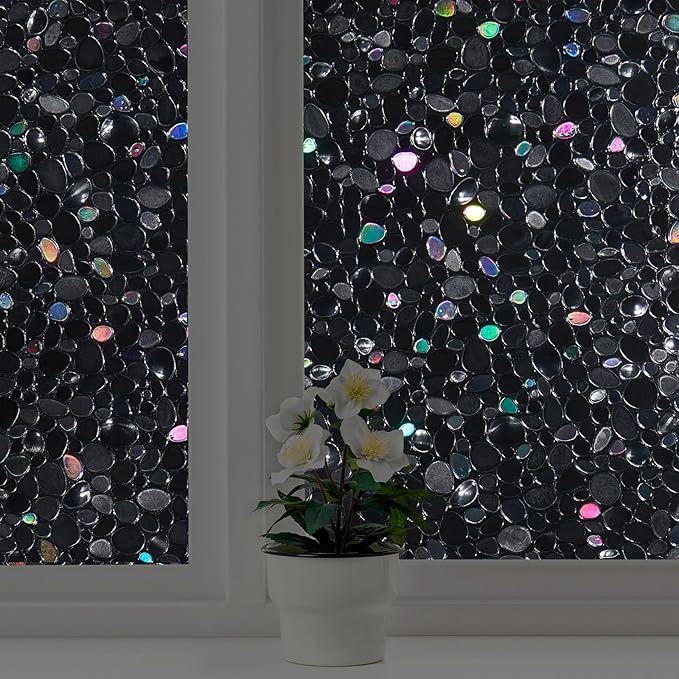 LEMON CLOUD Total Blackout Window Film, Vinyl Clings, Stained 3D Decorative Stickers for Glass, Static Door Window Covering, Privacy Window Blackout film, Self-Adhesive, Black Pebble(35.4In X 157.4In)