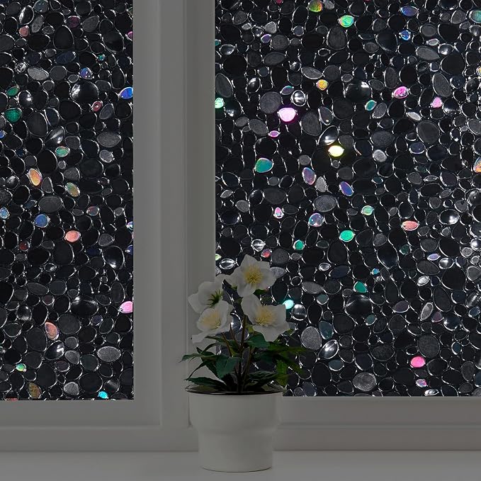 LEMON CLOUD Total Blackout Window Film, Vinyl Clings, Stained 3D Decorative Stickers for Glass, Static Door Window Covering, Privacy Window Blackout Film, Self-Adhesive, Black Pebble(17.5In X 78.7In)