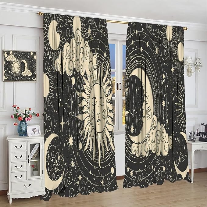 Bohemian Sun Moon Blackout Windows Curtains, Golden Sun Crescent Moon and Stars Vintage Cosmic Galaxy Printed Curtains, for Living Room Bedroom 72x63in 2 Panels