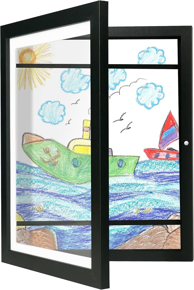 iRahmen Kids Art Frames 8.5x11 - Front Opening Childrens Picture Frame Changeable, Wood Artwork Display Storage for Wall Mount, Magnetic Door Holds 50 Art Pieces for Drawings, 3D Picture, Crafts, Portfolio, Black
