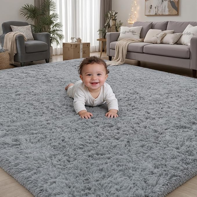 Area Rug for Living Room Bedroom: 4x6 Grey Soft Fluffy Shag Upgrade Non-Slip High Pile Carpet Large Fuzzy Plush Indoor Floor Decor Shaggy Rug for Kid Boys Girls Dorms Playroom Nursery Modern Home