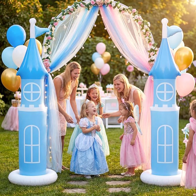 2 Pack 6.2 FT Birthday Party Decorations, Castle Inflatable Stand Castle Blow Up Yard Decorations for Indoor Outdoor Party Garden Supplies (Blue,Princess)