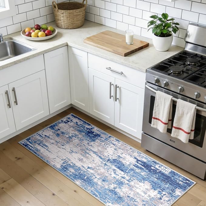 RELEANY Washable Area Rugs 2'x5' Non-Slip Modern Abstract Soft for Living Room Entryway Bedroom Kitchen, Print Pattern, Blue Grey Navy Gray