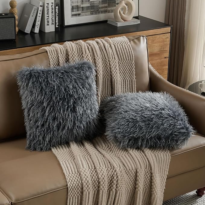 FUTEI Pack of 2 Shaggy Mongolian Faux Wool Throw Pillow Covers 18x18 Inch Soft Fluffy Farmhouse Decorative Cushion Case for Couch Bed Living Room, Dark Grey