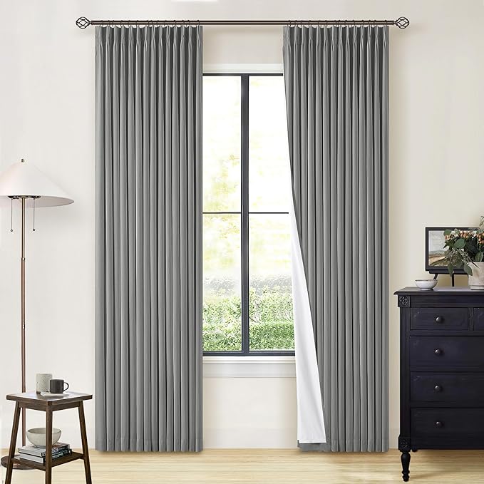 Dark Grey Blackout Curtains 80 Inches Long for Bedroom Pleated Linen Room Darkening Thermal Insulated Black Out Long Charcoal Gray Curtain Drapes for Living Room Window 80 Inch Length 2 Panels Set