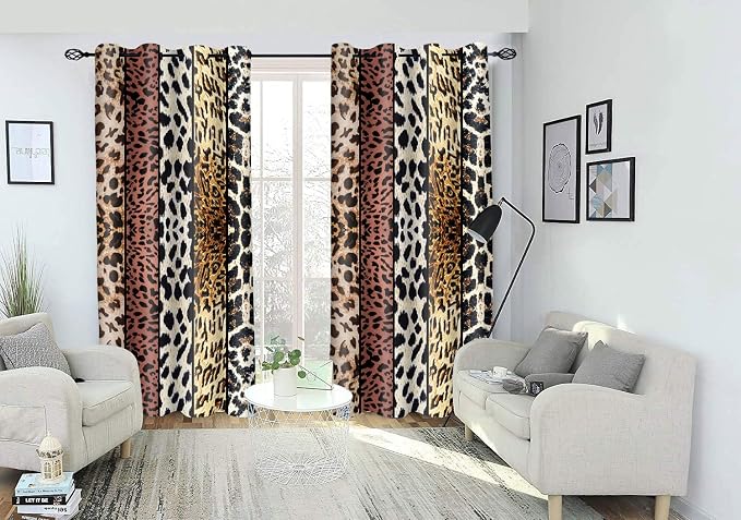 Wild Animal Print Curtain, Room Darkening Thermal Insulated Blackout Leopard Boa Window Drapes with Grommets for Living, Dining, Bedroom, Brown Leopard Print, 52"x 63", 2 Panels