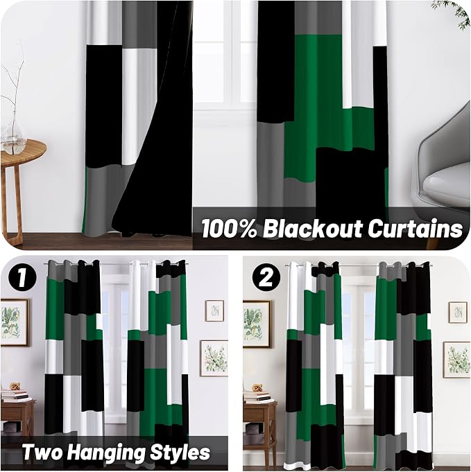 Tyrot Green Blackout Curtains for Bedroom 96 inch Long 2 Panels Set Black Grey White Modern Abstract Geometric Black Out Curtains Insulated Room Darkening Window Drapes for Living Room, 52Wx96L