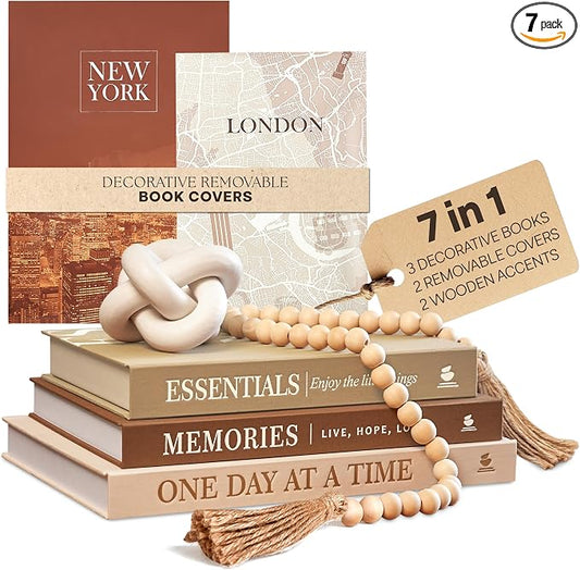 JULZEN Linen Decorative Books for Home Decor - Aesthetic Set of 3 Beige Fake Books for Coffee Table Decor with Faux Book Box Storage, Wood Knot & Bead Garland - Neutral Living Room Decoration