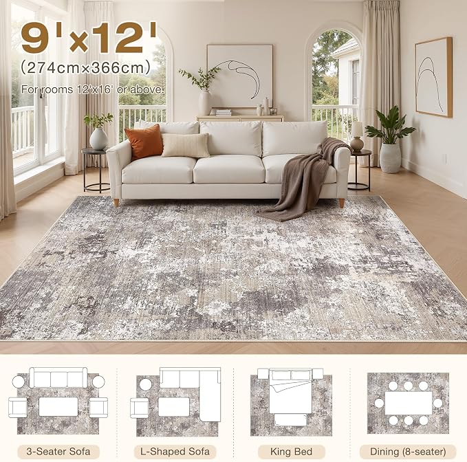 9x12 Area Rugs for Living Room - Washable Living Room Rug 9x12, Large Abstract Modern Neutral Soft Carpet with Non-Slip Backing, Stain Resistant for Bedroom Dining Indoor Decor (Light Brown)