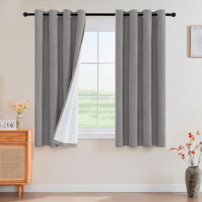 PrinceDeco Nature Linen Curtains 100% Back Out Curtains for Living Room/Bedroom 54 Inch Length Burlap Fabric Thermal Insulated & Light Blocking Nickel Grommet Window Drapes Set of 2,Heathered Dove