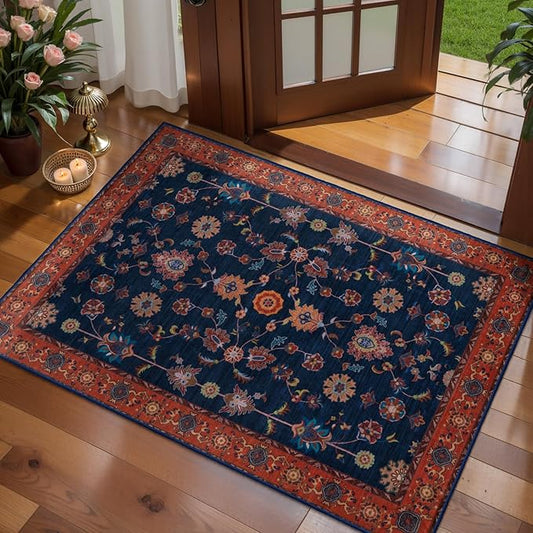 Tangsoo Floral Small Rug 2x3 Washable Rug for Entryways Vintage Non-Slip Area Rugs Red Blue Oriental Entry Rugs Distressed Floor Carpet Soft Low Pile Door Mat for Entrance Bedroom Kitchen Foyer Decor
