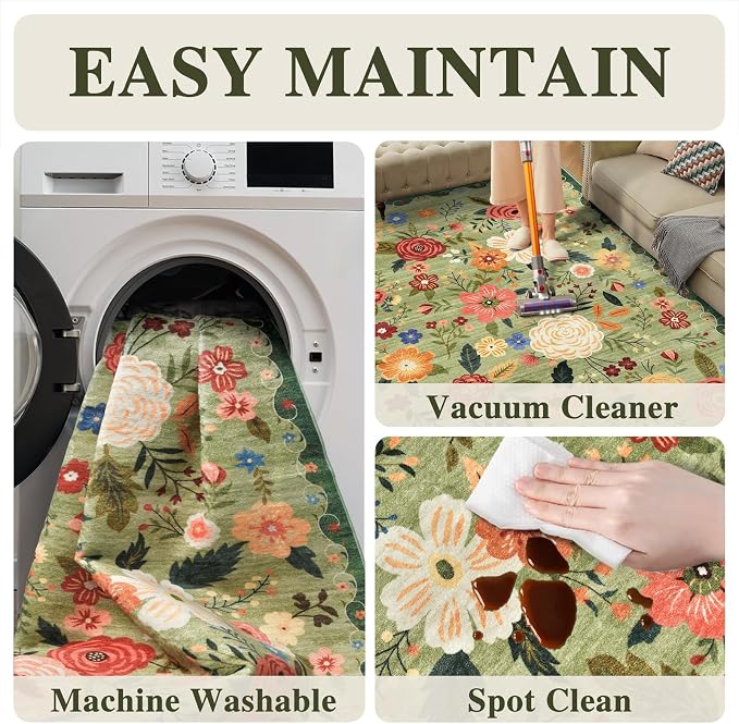 8x10 Washable Area Rug for Living Room, Floral Non-Slip Non-Shedding & Easy Care Light Green Large Soft Low Pile Indoor Floor Carpet for Living Room Bedroom Farmhouse Dining Room Kids Playroom
