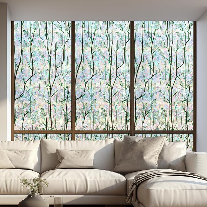 LEMON CLOUD Privacy Window Film 3D Stained Glass Window with Installation Tools,No Glue Static Cling Window Sticker,Decorative for Glass Door,Bathroom,Office and Home (Leaf Rainbow,35.4 x 157.4 Inch)