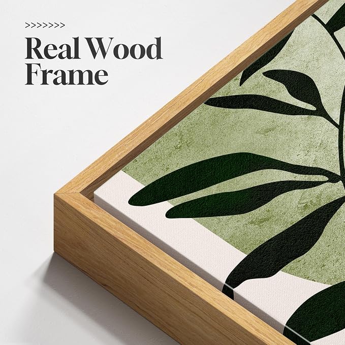 Framed Green Boho Botanical Wall Art, Sage Green Abstract Paintings Artwork for Walls, Modern Minimalist Geometric Line Square Pictures Wall Decor for Living Room Bedroom Bathroom Office, 24x24 In