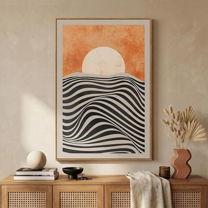Framed Mid Century Modern Sunset Wall Art for Living Room, Abstract Boho Orange Sun Canvas Paintings Prints Artwork for Walls, Vertical Bohemian Pictures Wall Decor for Bedroom Home Office, 24x36 Inch