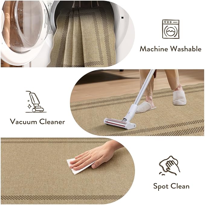LIVEBOX Scalloped Washable 2x6 Kitchen Runner Rug, Easy Jute Geometric Tan Rugs for Entryway Hallway, Indoor Outdoor Non Slip Rug Farmhouse Modern Carpet Door Mat for Porch Bedroom Laundry Room