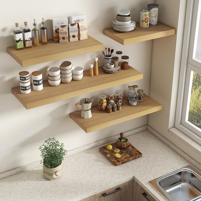 Vivelove 12 Inch Deep Floating Shelves 16 inch Long, 2 Inch Thick Wall Shelves with Invisible Brackets, Shelf for Bedroom Bathroom Living Room Kitchen Office Home Decor, Modern Shelf Set of 2, Oak