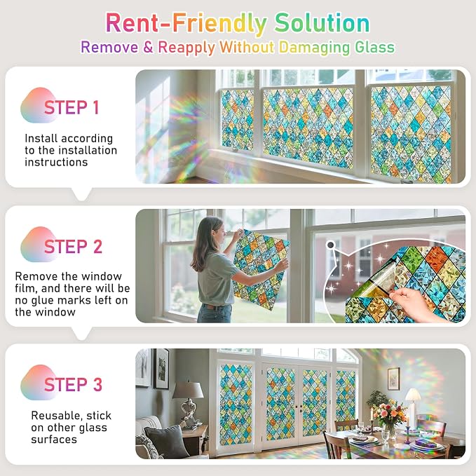 Sunbaby Window Privacy Film Stained Glass Decorative Rainbow Window Cling 3D Static Clings Colorful for Home Decoration, Anti-UV & Heat Control Non-Adhesive (23.6"x78.7")