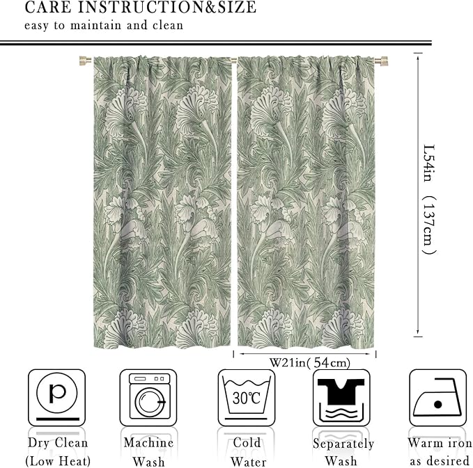 Bohemia William Morris Art Blackout Window Curtains, Vintage Flowers and Foliage Rod Pocket Curtains, for Living Room Bedroom 21(W)*54(L) 2 Panels