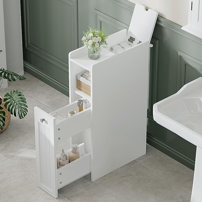 ChooChoo Slim Bathroom Storage Cabinet, Small Narrow Storage Organizer with Slide Out Drawers, Freestanding Toilet Paper Holder, Bathroom Cabinet for Small Places, White
