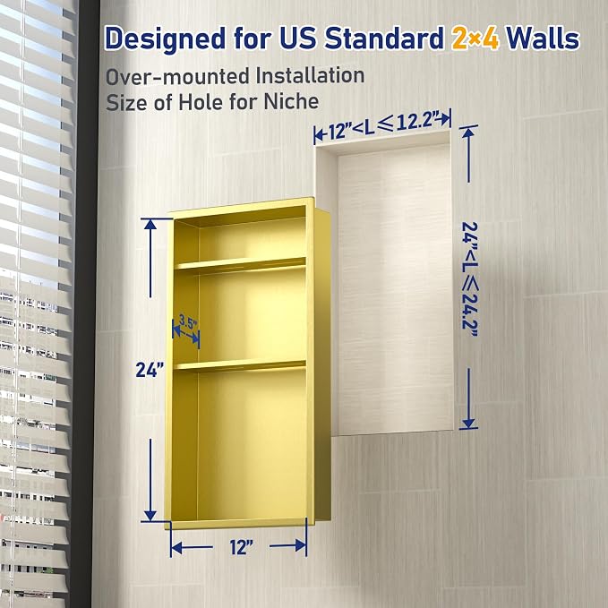Gold Shower Niche 24" X 12" No Tile Needed Bathroom Niche Shower | 304 stainless steel shower niche,recessed niche shower for bathroom storage,vertical niche w/ 3-tier shelf,golden wall niche