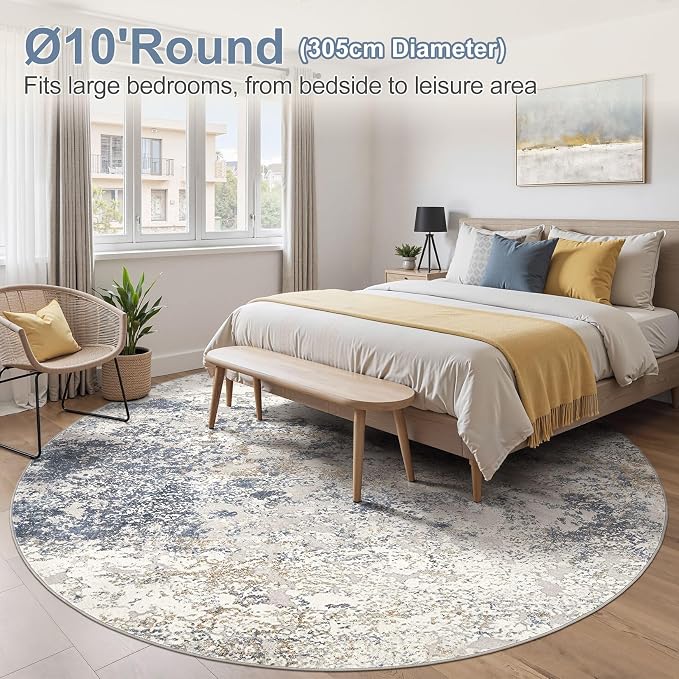 DMOYEST 10ft Round Area Rug Living Room Rugs - 10x10 Washable Circle Rug Large Soft Indoor Neutral Modern Abstract Low Pile Carpet for Bedroom Dining Room Farmhouse Home Office - Beige Blue