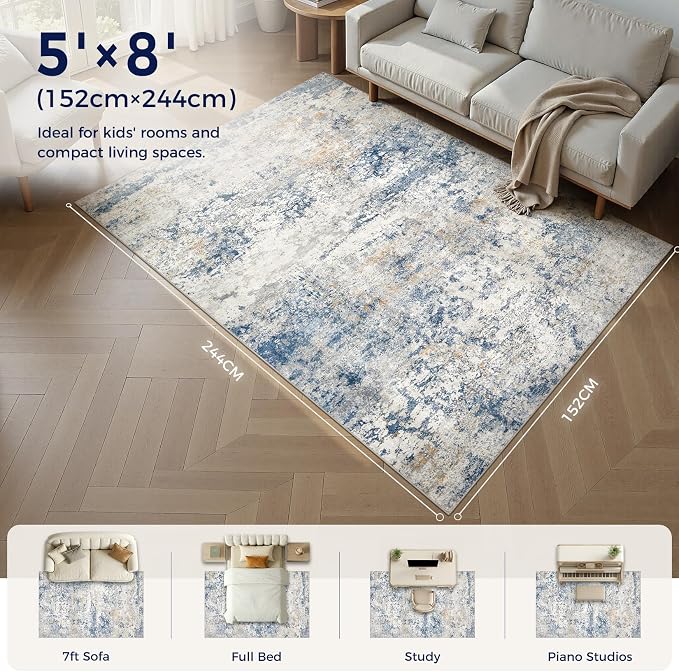 DMOYEST Area Rug Living Room Rugs - 5x8 Abstract Large Soft Indoor Washable Rug Neutral Modern Low Pile Carpet for Bedroom Dining Room Farmhouse Home Office - Blue