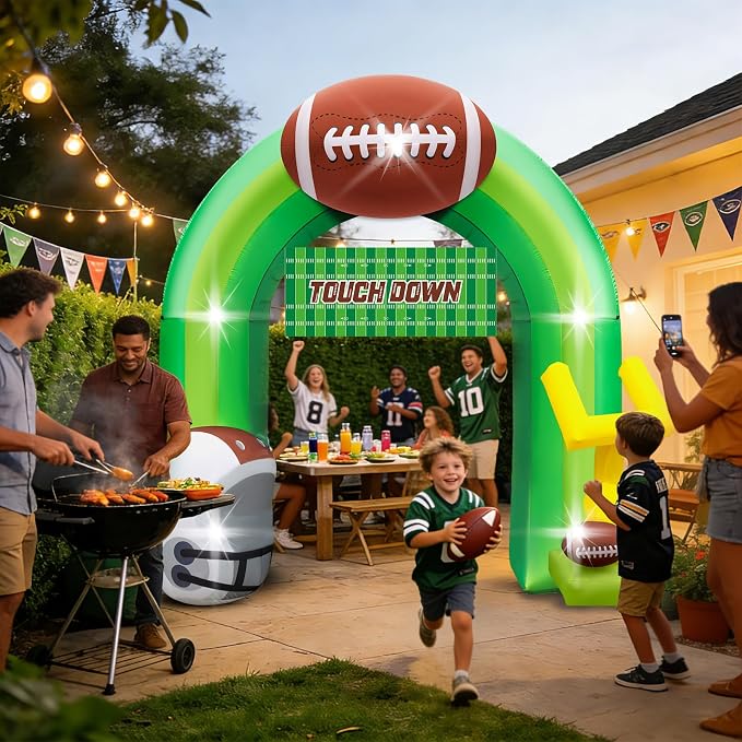9FT Football Party Decorations for Game Day Blow Up with Helmet Built in LED Lights Goal Post for Yard Giant Balloon Photo Prop for Gift Light Green Football Inflatable Arch