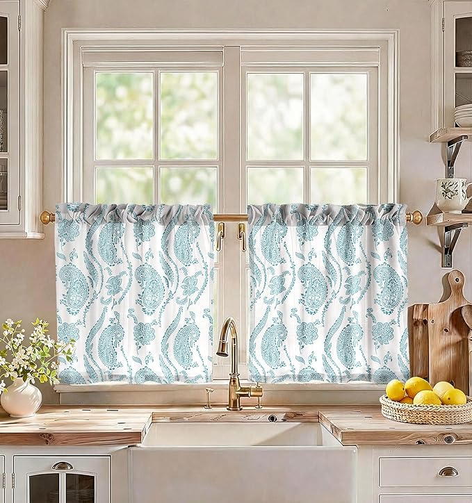 Miss Adola Farmhouse Kitchen Tier Curtains - 24 Inch Length Linen Blend Floral Cafe Curtains Blue Small Window Treatments Over Sink Rod Pocket for Bathroom Living Room Light Filtering, 2 Panels