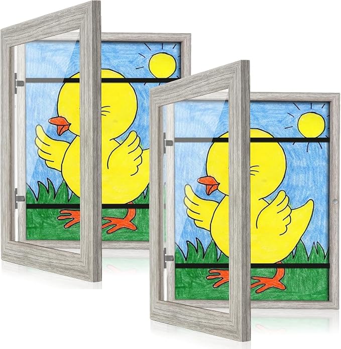 GULETHUN [2-Pack] Kids Art Frames, 9x12 Front Opening Kids Artwork Frames Changeable, Light Wooden Color Artwork Display Storage Frame for Wall, Holds 50 Pcs, for 3D Picture, Crafts, Children Drawing