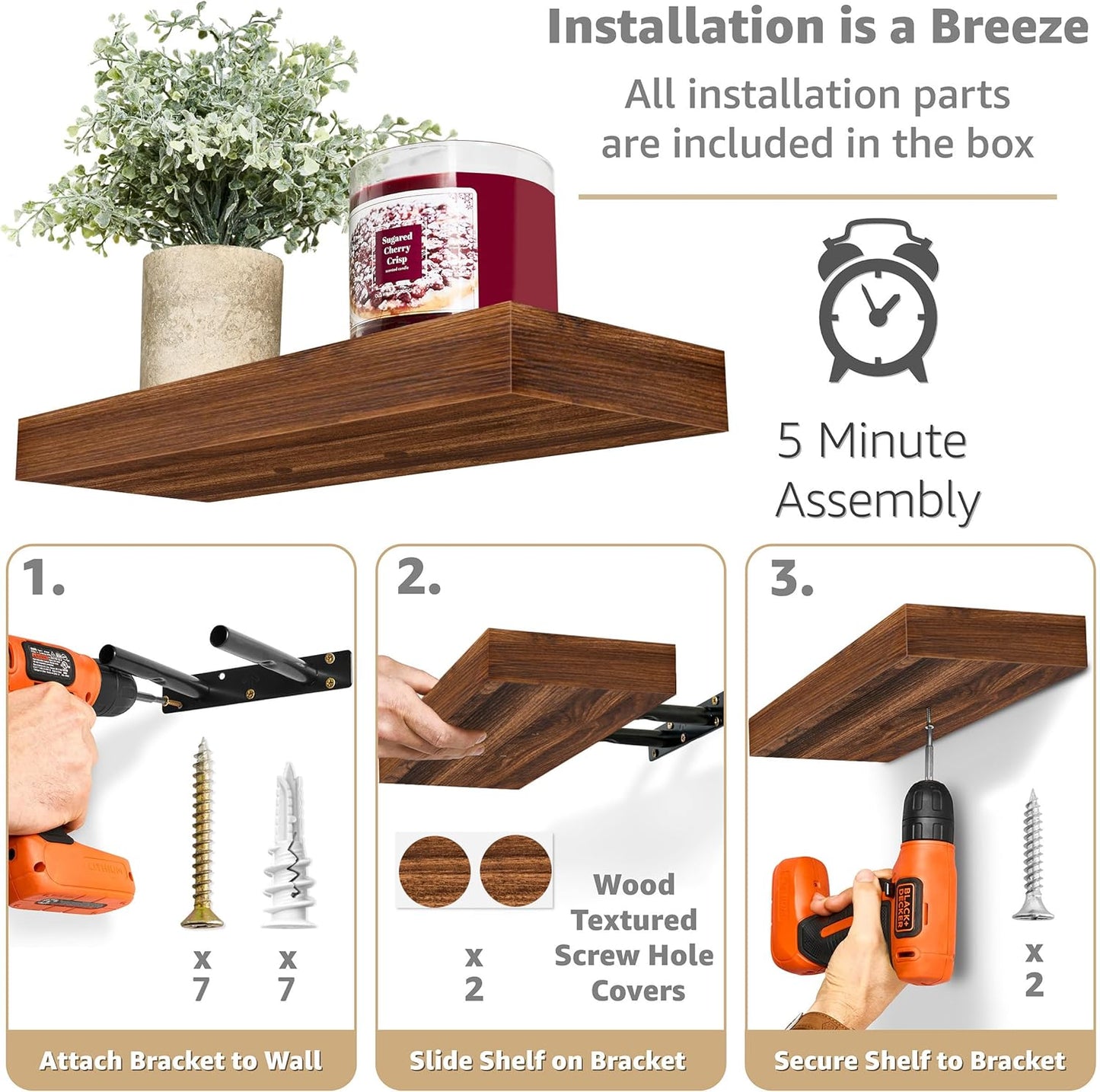 Sorbus Floating Shelves for Wall, Bathroom Shelves Wall Mounted for Kitchen, Bedroom, Living Room, Bathroom Storage, Over Toilet, Hanging Book Shelf for Ｗall Home Decor (Walnut, 5 Pack)