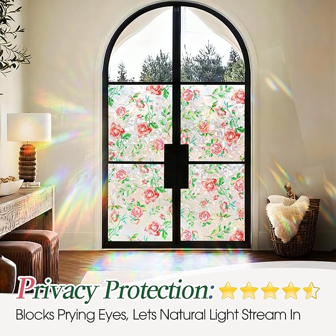 Coavas Window Privacy Film, Rainbow Stained Glass Decorative Window Clings, Anti-UV Heat Control Static Cling, Non-Adhesive Windows Tint for Home Bathroom Door, 23.6 x 78.7 Inches