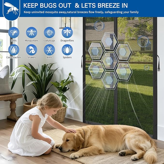 Magnetic Screen Door Fits 36x80 Inch Front Doors Heavy Duty Fiberglass Mesh,36 Magnets Auto Close,No Tools Installation,Keeps Bugs Out Lets Breeze in,Pet Kid Friendly with Storage Bag,Regular