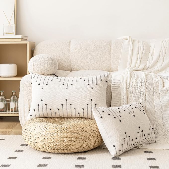 LILEPOY Boho Throw Pillow Covers 12x20 Set of 2 Neutral Decorative Textured Cushion Case Farmhouse Pillowcase Modern Lumbar Pillow Covers for Sofa,Couch, Living Room,Beige and Black