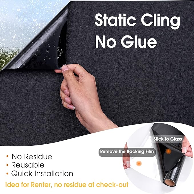 Coavas Blackout Window Privacy Film Total 100% Light Blocking Room Darkening Window Tint for Home Frosted Static Cling Black Out Cover (23.6 x 157.5 Inch, Blackout)
