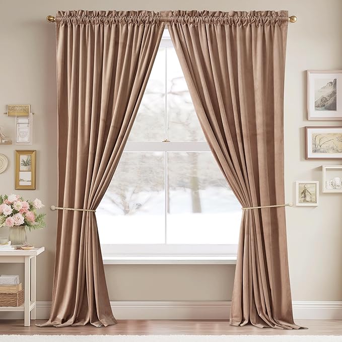 StangH Blush Beige Velvet Curtains Rod Pocket, W42 x L84 inches, 2 Panels | Privacy, Room Darkening, 300GSM Soft Velvet, Thermal Insulated, Office, Dining Room, Hallway, Nursery Girls Window Decor