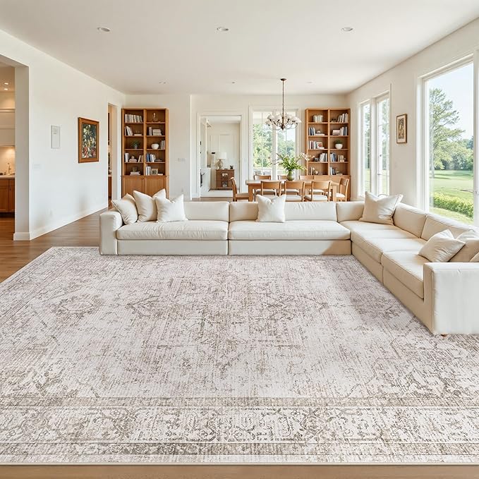 9x12 Area Rugs for Living Room:Beige Washable Vintage Medallion Carpet Non-Slip Soft Low Pile Large Rugs Indoor Retro Rug for Bedroom Nursery Dining Table Office Home(Beige Brown, 9'x12')