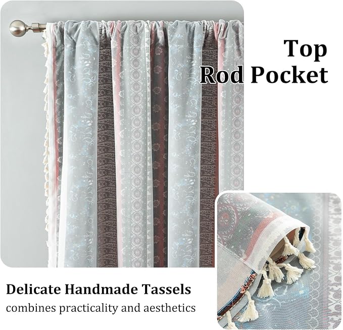 VOGOL Boho Semi Blackout Curtains, Double Layered Colorful Stripes with Sheer Overlay, 1 Panel Rod Pocket Drapes for Living Rest Room, 52 x 84 Inches, Red Blue