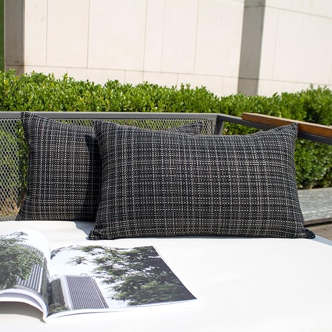 Kevin Textile Pack of 2 Decorative Outdoor Waterproof Pillow Covers Garden Cushion Sham Throw Pillowcase Shell for Patio Tent Couch 12x20 Inch Black
