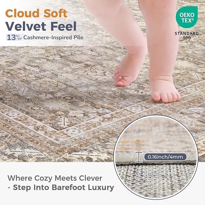 OPPODREAM Vintage Beige Area Rugs 4x6, 4 x 6 Retro Washable Rug Non Slip, Low-Pile Faux Wool Carpet, Distressed Tan Floor Mat for Living Room, Bedroom, Kitchen, Office, Dorm, Dinning Room