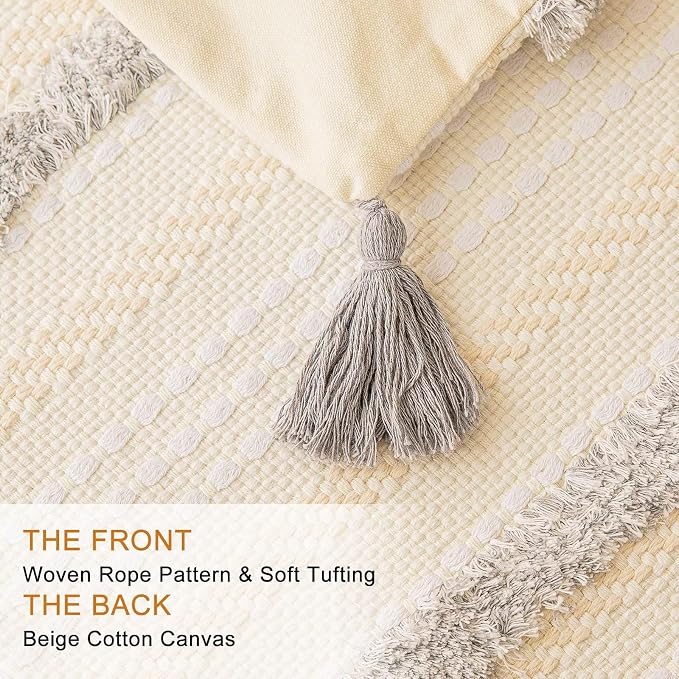 Boho Throw Pillow Covers 20x20 Set of 2 Woven Tufted Farmhouse Pillows Cover with Tassels Textured Striped Cushion Case Neutral Pillow Cases Decorative Pillowcase for Sofa, Couch, Bed, Light Grey
