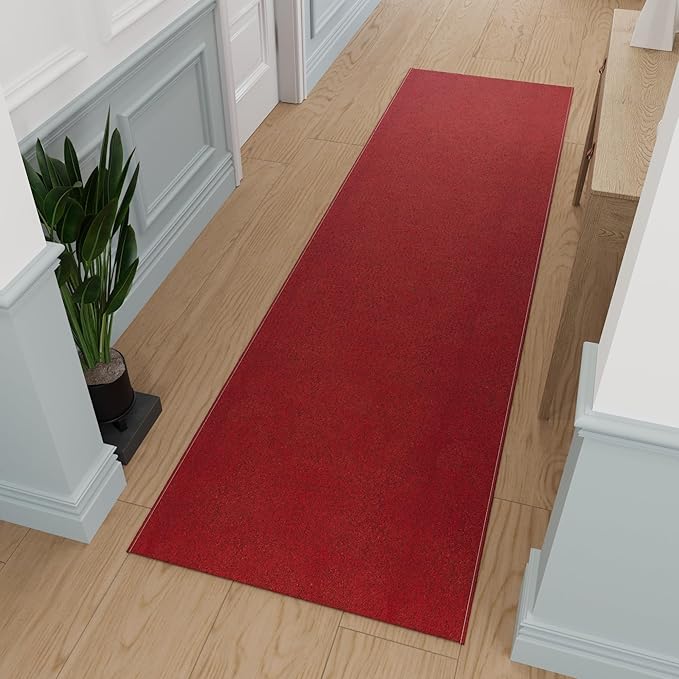 Ottomanson 2'7" x 19' Ultra-Thin Hallway Runner Rug - Durable Non-Slip Carpet for High-Traffic Areas - Fits Under Doors for Seamless Entry - Ideal for Kitchen, Entryway, Bedroom & Living Room, Red