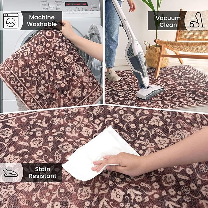 Vintage Washable Runner Rug 2x6, Burgundy Runners for hallways, Super Soft Kitchen Runner Rug Non Slip, Printed Faux Wool Floral Thin Carpet Runner for Entryway Laundry Room Bedroom