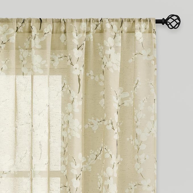 FMFUNCTEX Linen Sheer Curtains for Living Room, Cream Blossom Floral Print Curtains 84 Inches Long for Bedroom, Light Filtering Linen Blend Butter Yellow Floral Window Curtain 2 Panels Rod Pocket