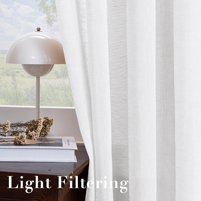 H.VERSAILTEX Linen Curtains Flax Linen Blended Curtain Panels for Living Room/Bedroom Semi Sheer Privacy Curtains 102 inch Length 2 Panels Set Nickel Grommet Window Drapes, Pure White